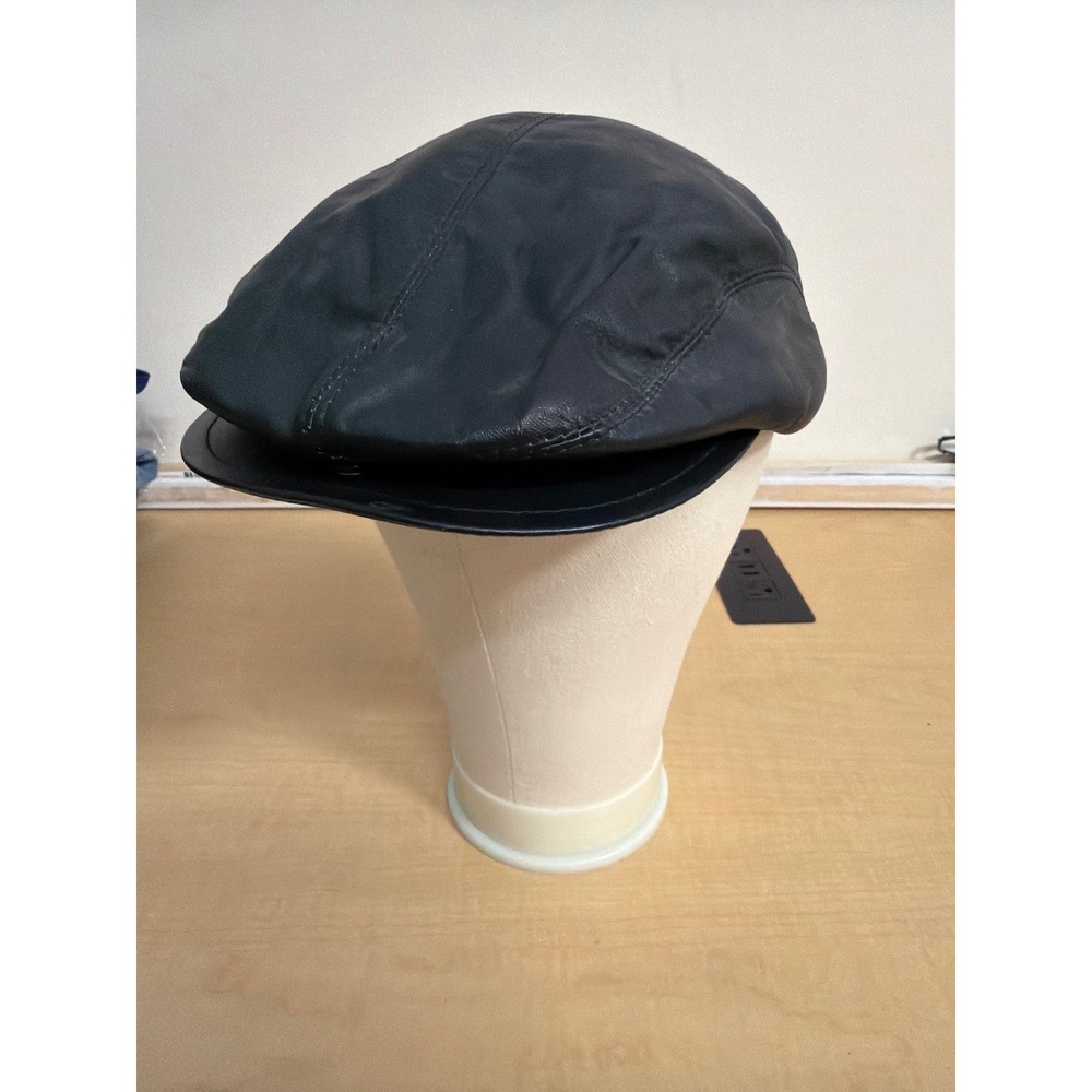 Black Leather Flat Cap Ivy Newsboy Hat XL Tonal Stitching Lined